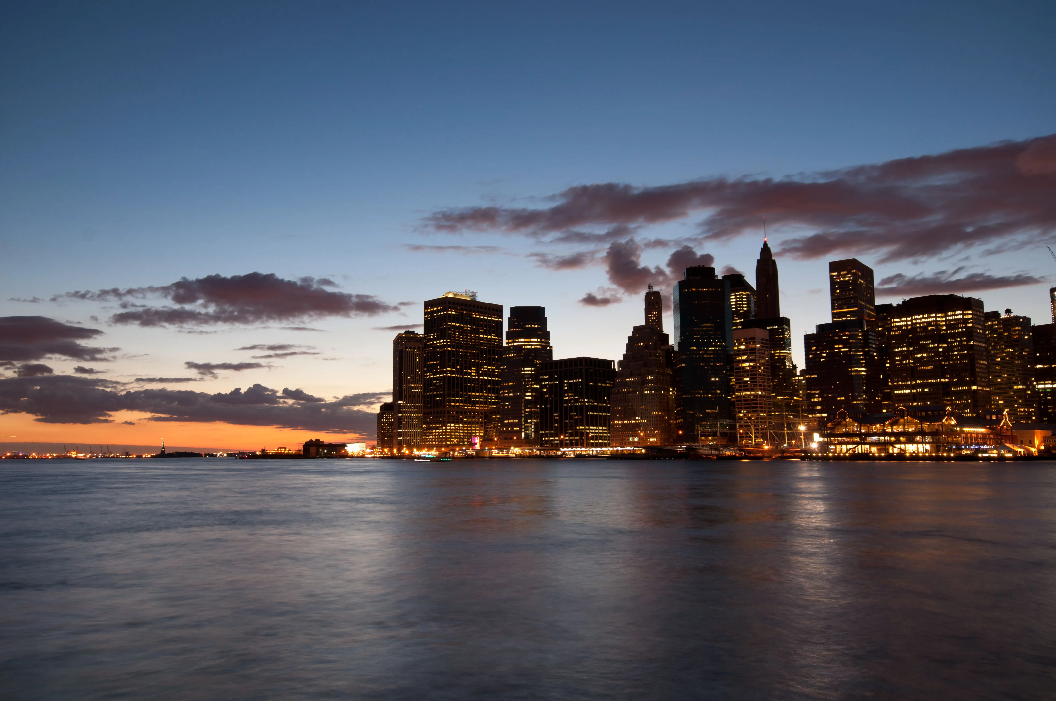 Manhattan skyline at dusk over New York City
